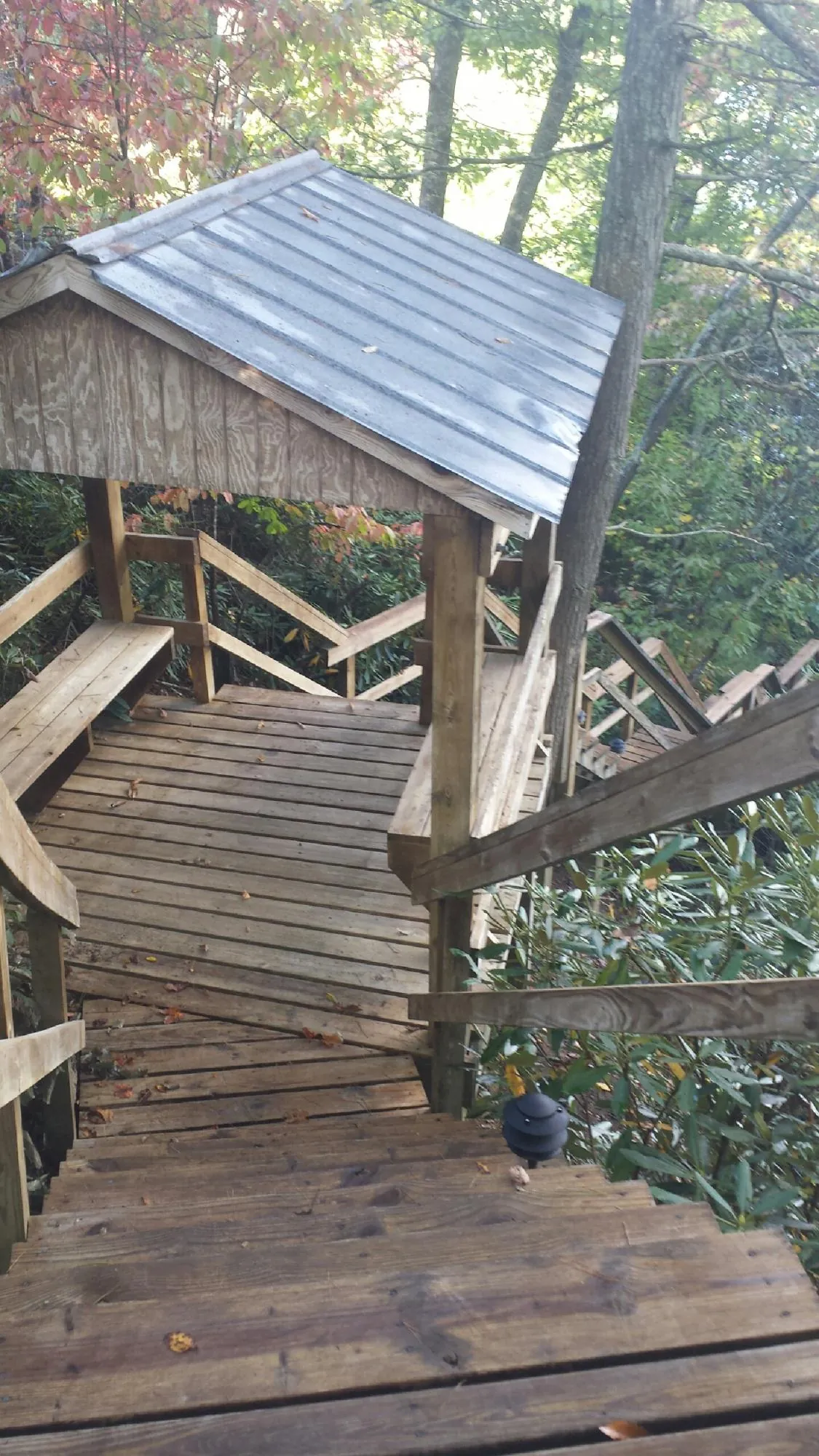 Metal roofed shelter over wooden steps on a wooded walkway — Skylight Repair & Installation work by our crew in Albert Lea